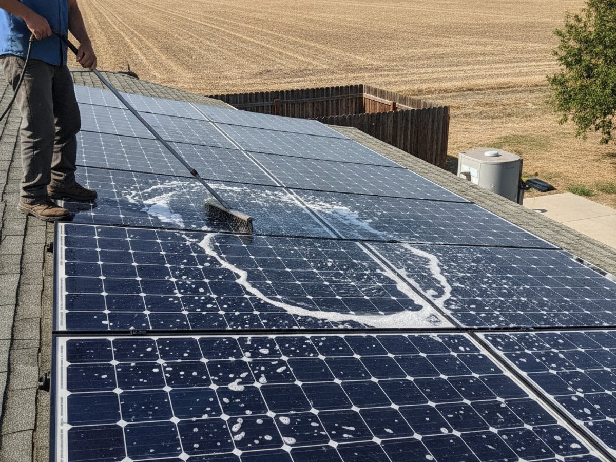 Solar panel cleaning detail in Fowler, CA