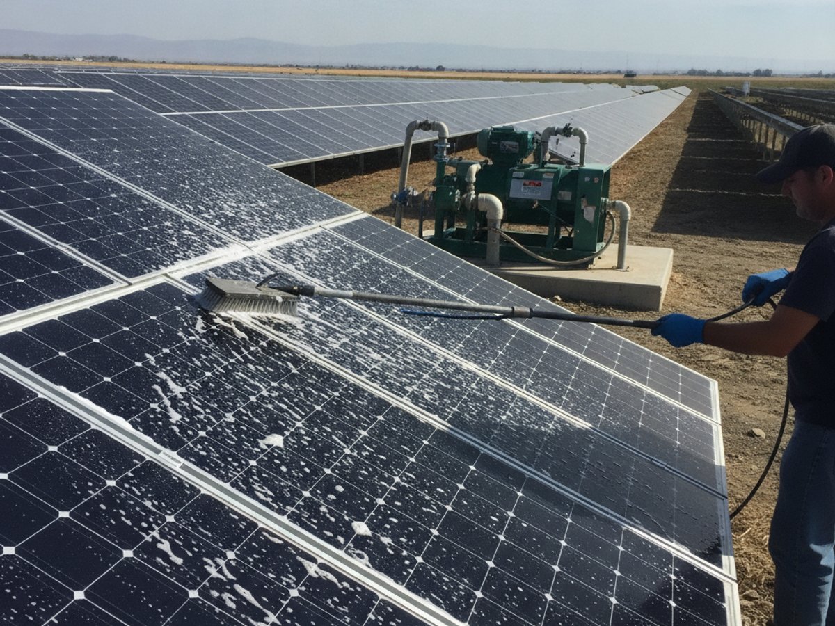 Solar panel cleaning detail in Kerman, CA