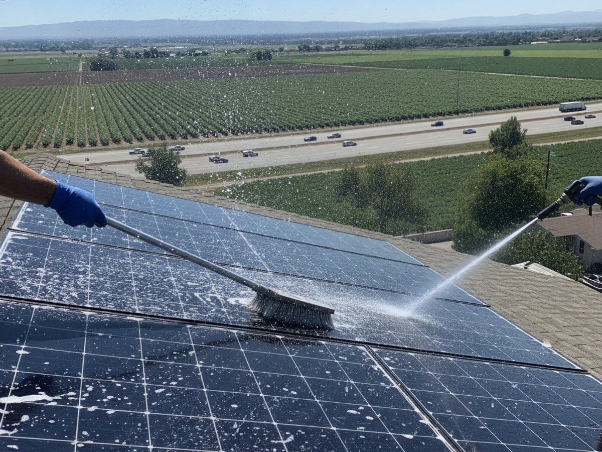 Solar panel cleaning detail in Kingsburg, CA