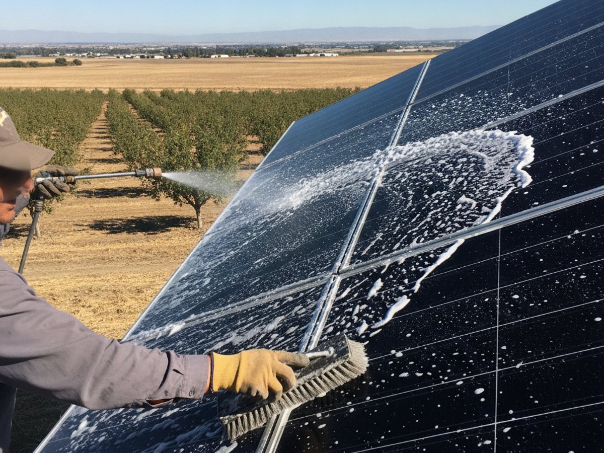 Solar panel cleaning detail in Madera, CA