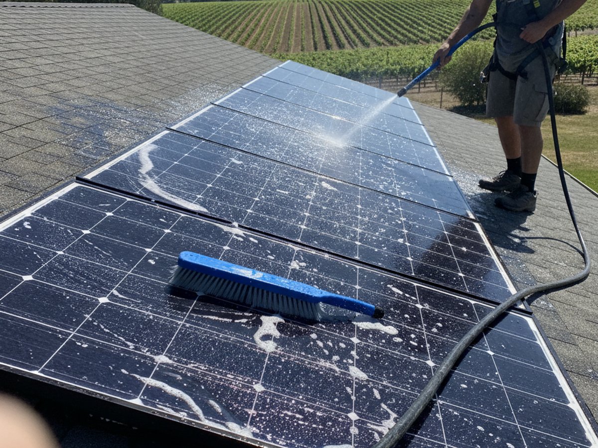 Solar panel cleaning detail in Selma, CA